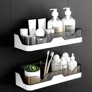 PRIVATECAVE Self-Adhesive Plastic Bathroom Rack, Shelf Organizer, Storage Racks Kitchen Plastic Wall Shelf (Number of Shelves - 2, Black, White)
