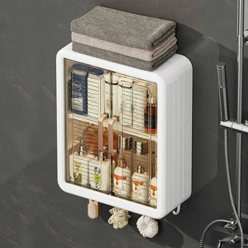 Bathroom Organiser Without Drill Plastic Wall Mounted Storage Cabinet for Kitchen and Bathroom Organizer with Magic Stickers Adjustable Shelves & Door| Organiser for, Essentials, Makeup, Skincare - Image 5