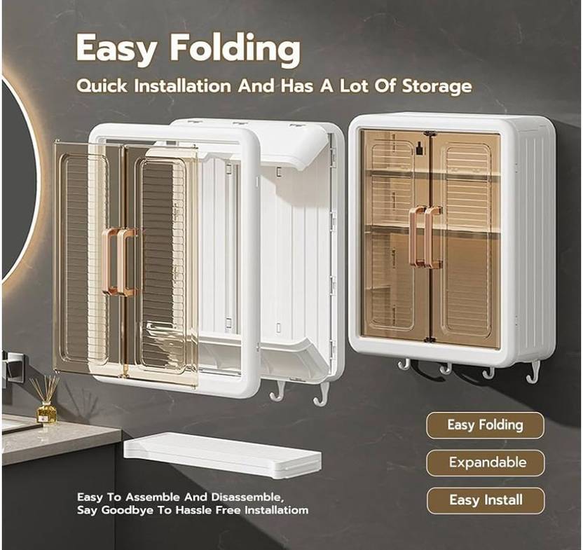 Bathroom Organiser Without Drill Plastic Wall Mounted Storage Cabinet for Kitchen and Bathroom Organizer with Magic Stickers Adjustable Shelves & Door| Organiser for, Essentials, Makeup, Skincare - Image 4